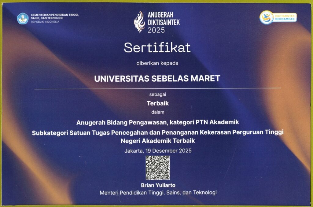 Sertifikat Penghargaan Diktisaintek Bidang Pengawasan Tahun 2025 Kategori Satuan Tugas Pencegahan dan Penanganan Kekerasan Perguruan Tinggi Terbaik.